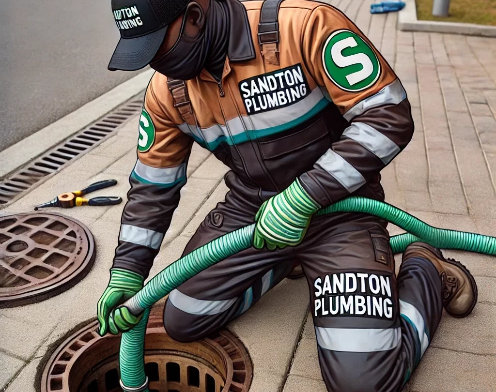 Sandton Plumbing technician unblocking a drain on a sidewalk